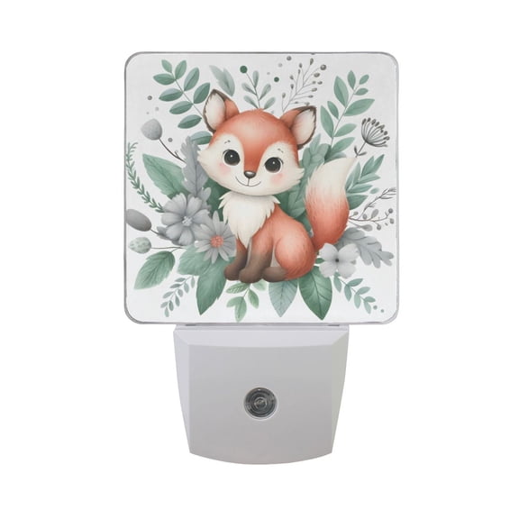 Cute Fox in Floral Bouquet Night Light 2 Pack LED Nightlight Plug into Wall Dusk to Dawn Sensor Soft White