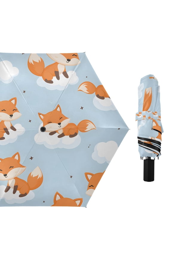 Cute Fox on Clouds Compact Sun Umbrella Windproof Travel Umbrellas for Rain Strong Portable UV Protection