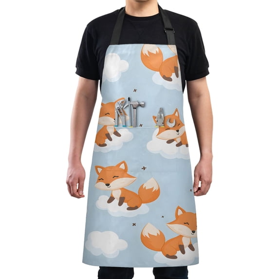 Cute Fox on Clouds Kitchen Apron with 2 Pockets Adjustable waterproof Cooking Aprons for Women Men Chef