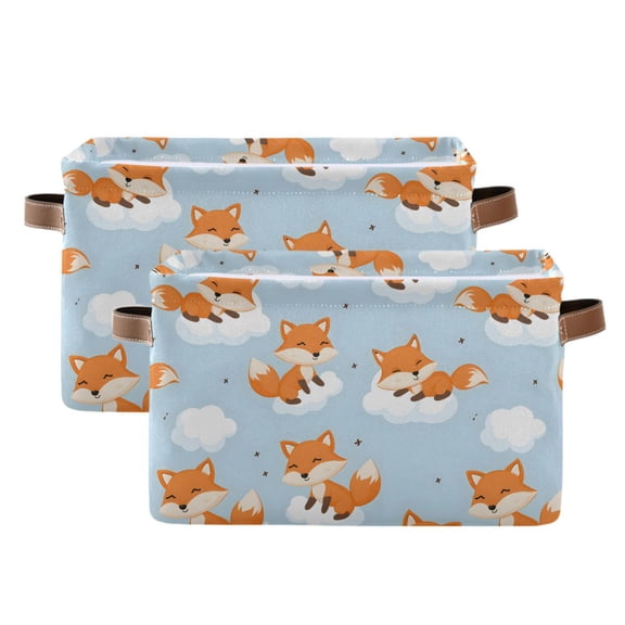 Cute Fox on Clouds Storage Bins with Handle Fabric Organizer Basket Foldable Box 2 Pack 14.2x10.2x8.3