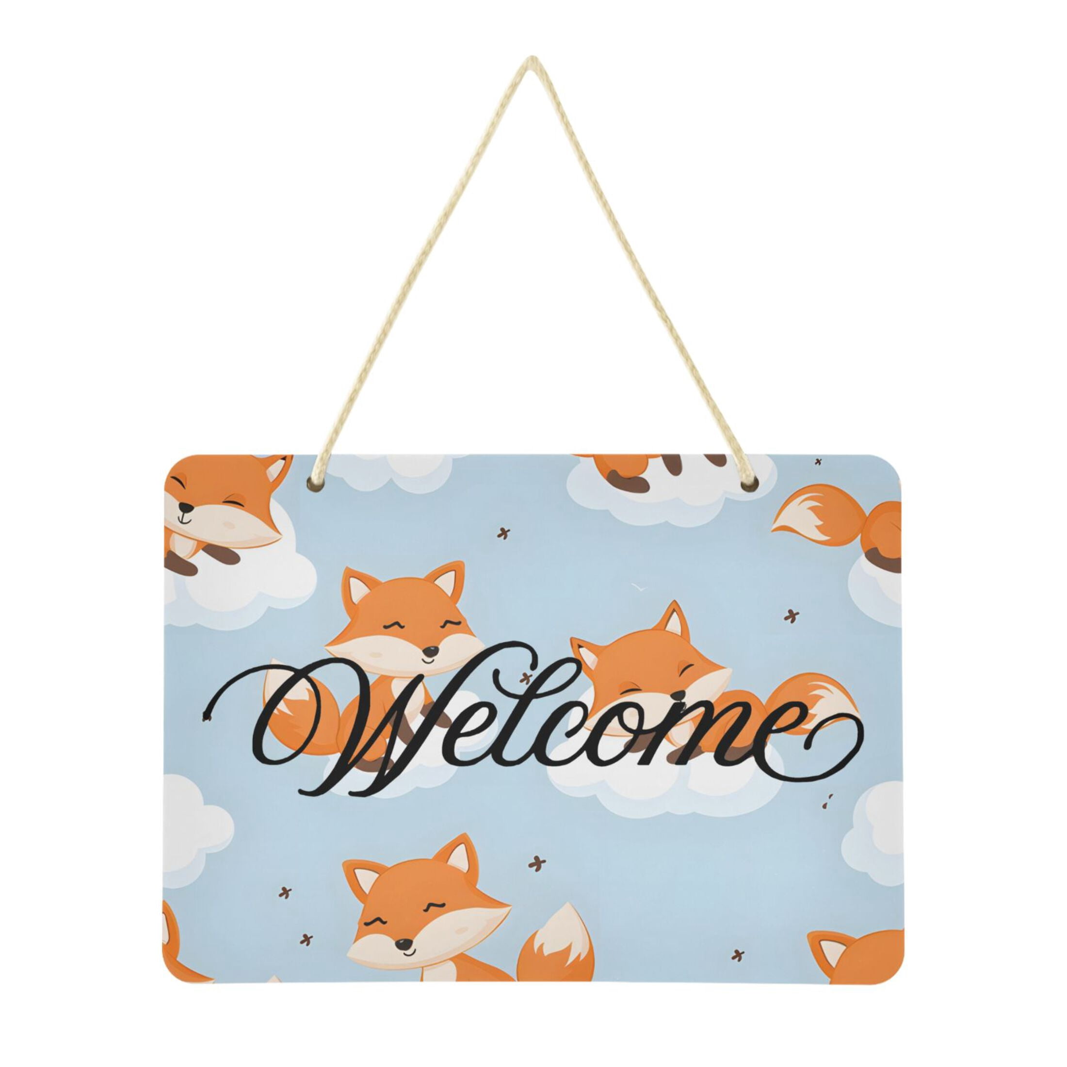 Cute Fox on Clouds Welcome Sign Front Door PVC 14x10 inch Hanger Hello ...