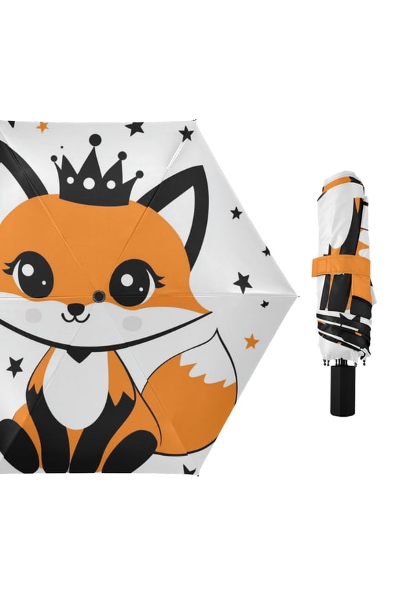 Cute Fox with Crown Stars All Weather Umbrella Triple Folding Parasol 6 Ribs UV Protection Portable