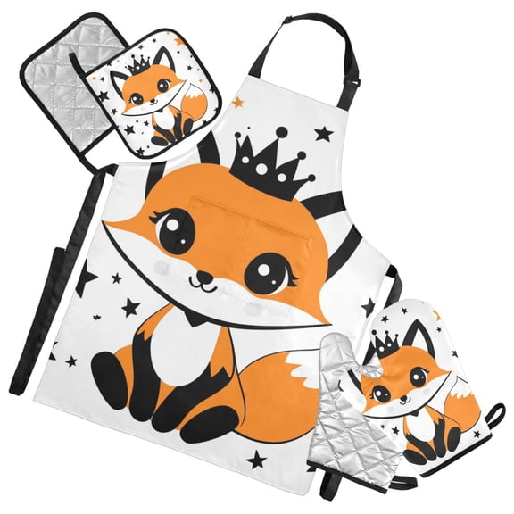 Cute Fox with Crown Stars Apron Set with Oven Mitts Pot Holders Set of 5 Kitchen Stuff Accessories