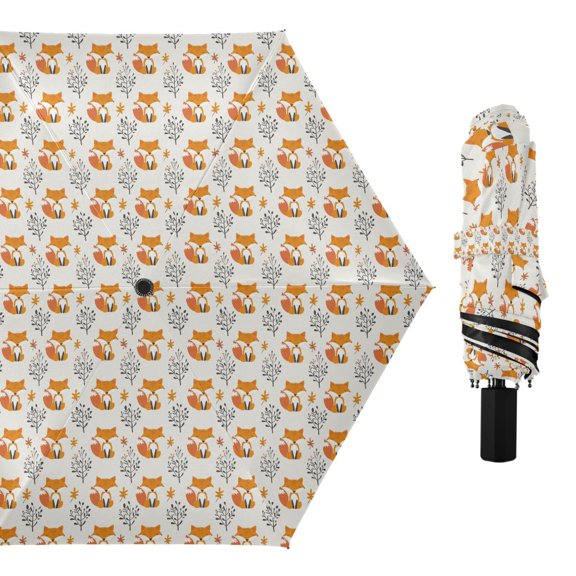 Cute Fox with Fall Plant Compact Sun Umbrella Windproof Travel Umbrellas for Rain Strong Portable UV Protection