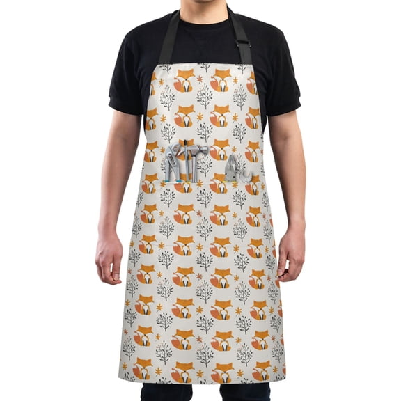 Cute Fox with Fall Plant Kitchen Apron with 2 Pockets Adjustable waterproof Cooking Aprons for Women Men Chef