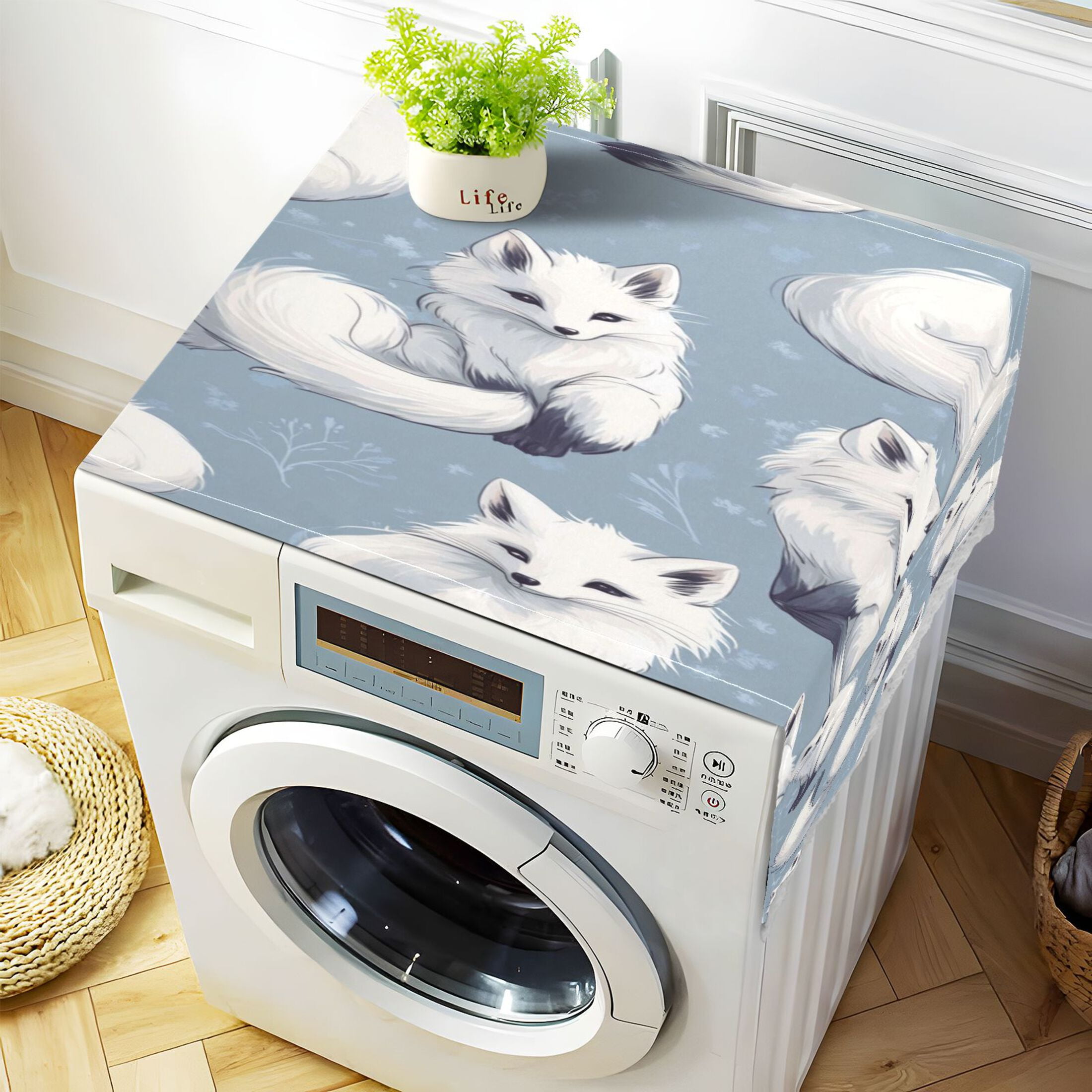 Cute FoxWasher and Dryer Covers Dust-Proof and Oil Resistant Fridge Cover with 4 Storage Pockets Washing Machine Top Cover for Laundry Kitchen Home 51.2 x 22 In