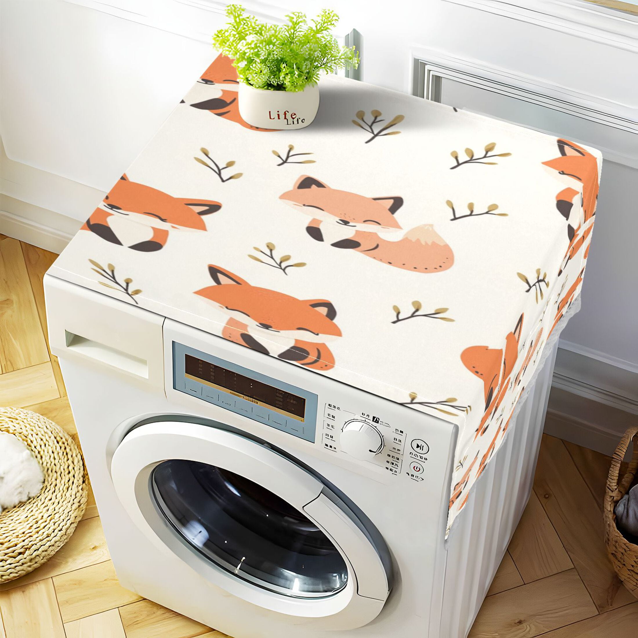 Cute FoxWasher and Dryer Covers Dust-Proof and Oil Resistant Fridge Cover with 4 Storage Pockets Washing Machine Top Cover for Laundry Kitchen Home 51.2 x 22 In