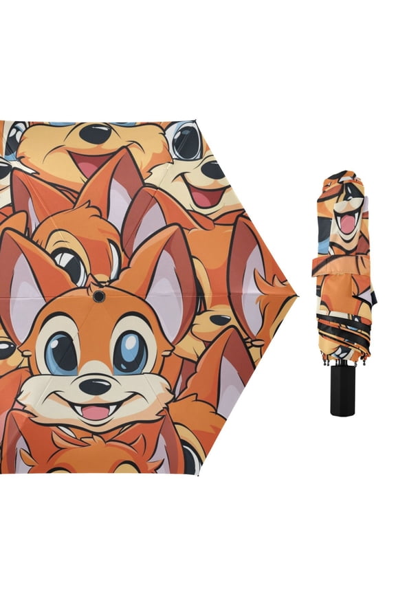 Cute Foxes Face Compact Sun Umbrella Windproof Travel Umbrellas for Rain Strong Portable UV Protection