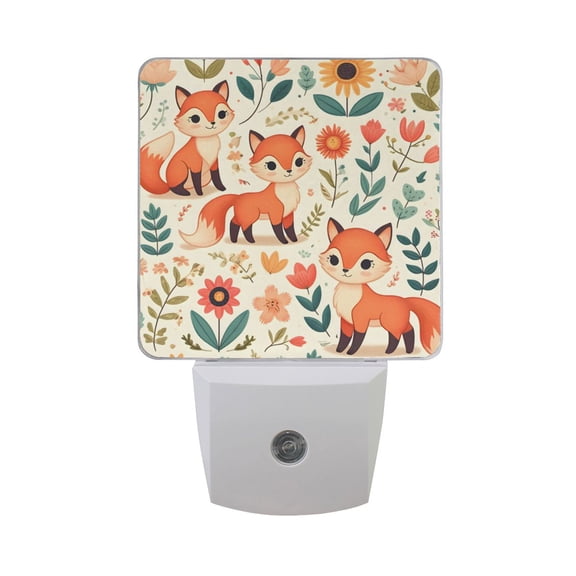 Cute Foxes Flower Leaf Night Light 2 Pack LED Nightlight Plug into Wall Dusk to Dawn Sensor Soft White