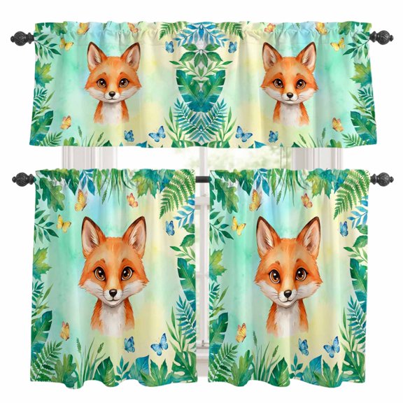 Cute Foxes Kitchen Curtains Valances and Tiers Set of 3 Green Leaf Blue Butterfly Summer Plant Animal Tier Curtains and Valance with Rod Pocket for Small Windows, 27.5"x24"