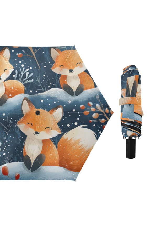 Cute Foxes in Winter Leaves Snow All Weather Umbrella Triple Folding Parasol 6 Ribs UV Protection Portable