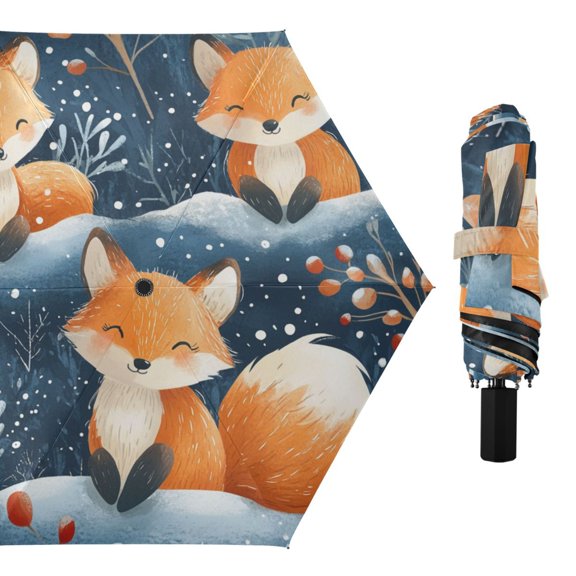Cute Foxes in Winter Leaves Snow All Weather Umbrella Triple Folding Parasol 6 Ribs UV Protection Portable