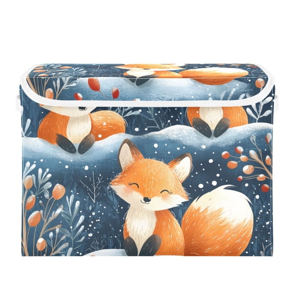 Cute Foxes in Winter Leaves Snow Foldable Storage Bin with Lid and Handle Collapsible Storage Box 16.5 x 12.6 x 11.8 inches