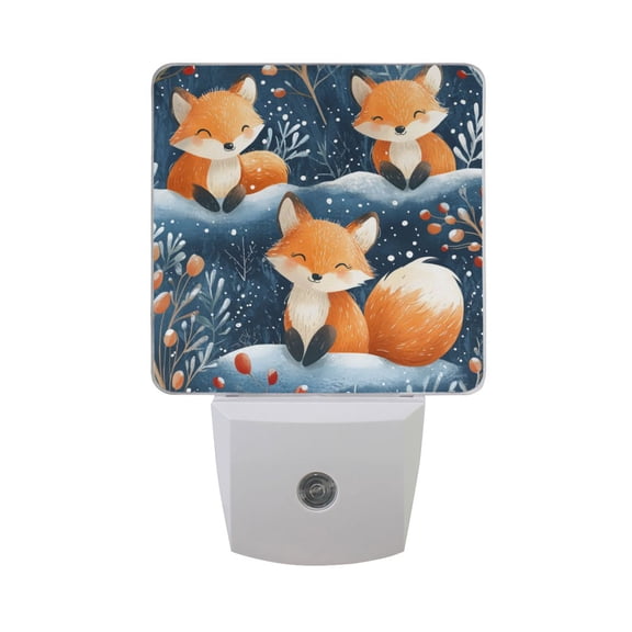 Cute Foxes in Winter Leaves Snow LED Night Light with Smart Sensor Plug Into Wall Dusk to Dawn 2 packs