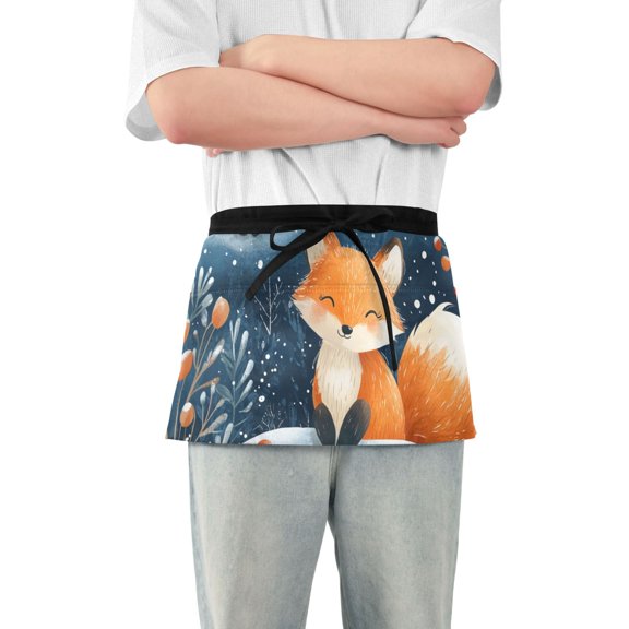 Cute Foxes in Winter Leaves Snow Short Server Apron with 3 Pockets for Unisex Chef Gardening