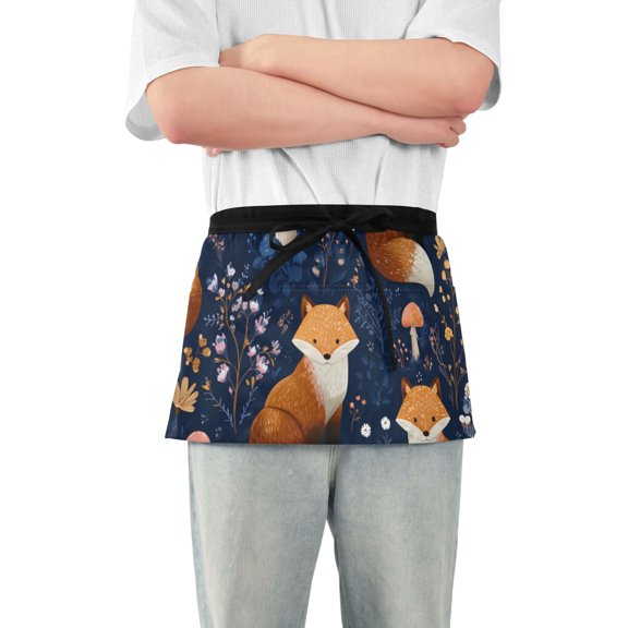 Cute Foxes with Mushrooms Flowers Short Server Apron with 3 Pockets for Unisex Chef Gardening