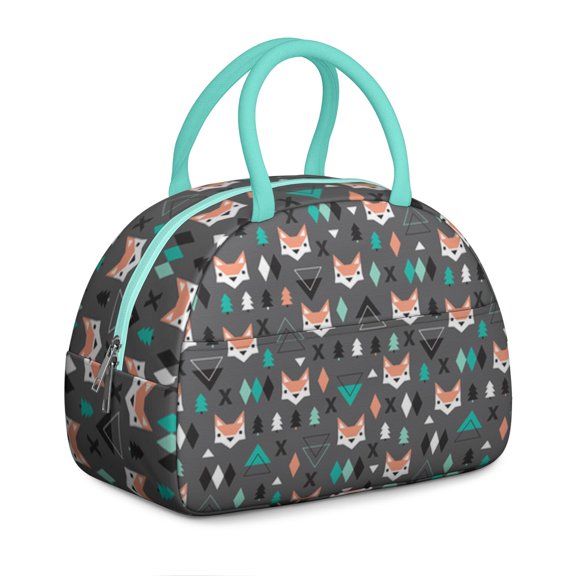 Cute Foxy Forest Lunch Bag – Cartoon Fluffy Fox with Artistic Floral Pattern, Night Sky and Tree Design
