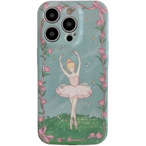 Cute Frame Flowers Bow Ballet Girl Lawn Phone Case Compatible with iPhone Case (Green,iPhone 13)