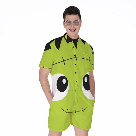Cute Frankenstein Face Short Sleeve Men'S Rompers Casual Summer Jumpsuits Outfit
