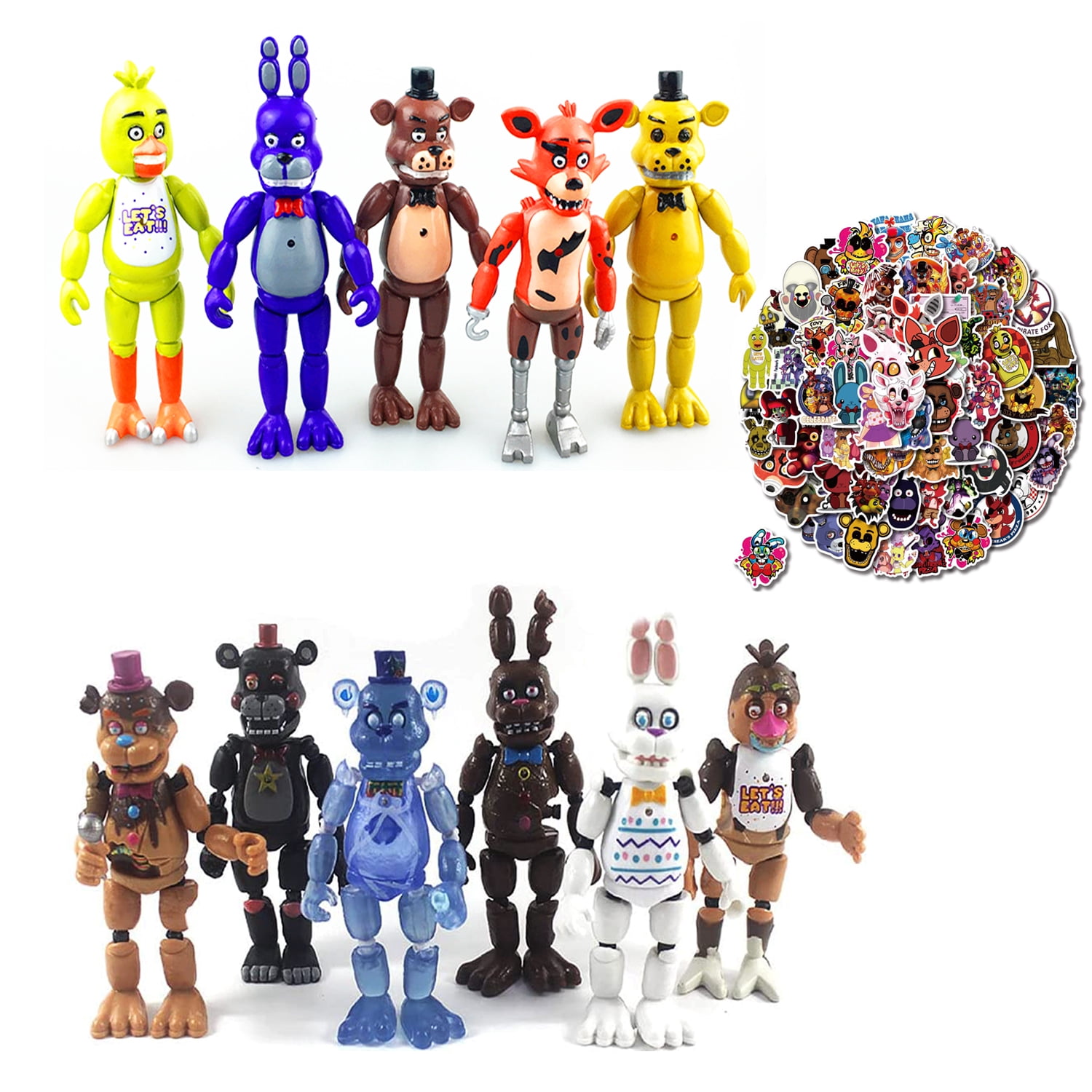 Cute Freddy Action Figures Birthday Toys and 100pcs Stickers, With Button Lights Up Movable Joints Collectible Toys, Birthday | Children's Day | Christmas Gifts for Kids and Fans