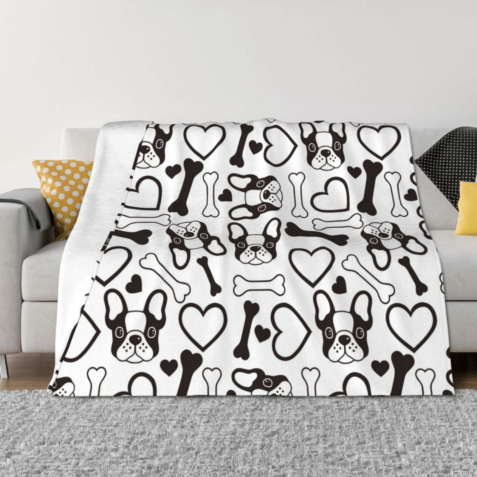 Cute French Bulldog Black White Throw Blanket for Couch, Soft Fuzzy