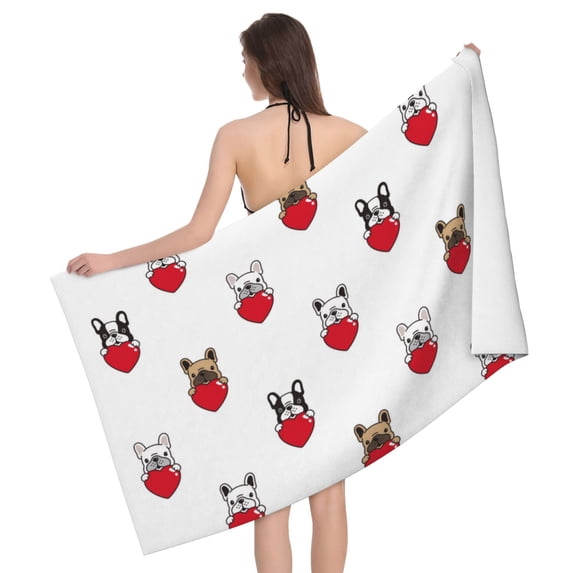 Cute French Bulldog Love Bath Towel, Highly Absorbent towels for bathroom Quick Drying Microfiber Bath Towels for Body, Soft Shower Towels for Sport, Yoga, SPA, Gym 27x55in