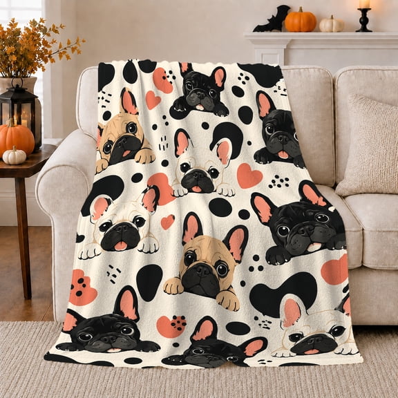 Cute French Bulldog Pattern Hearts Paw Prints Illustrative, Playful Pet Portrait Pattern, Warm Flannel Blanket for Living Room and Bedroom, Dog Lovers Pet Adoption Gift, Pet Lover Home Decor