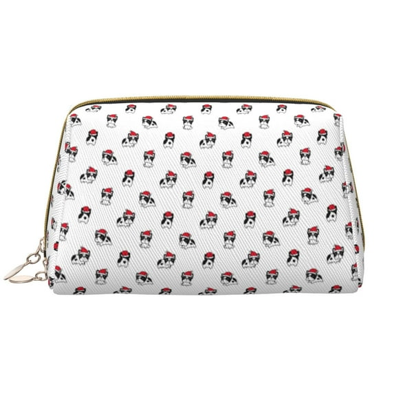 Cute French Bulldog Red Hat Makeup Bag, Large Capacity Travel Cosmetic Bag for Women Girls- Travel Toiletry Bag Leather Portable Waterproof Makeup Case Organizer with Handle