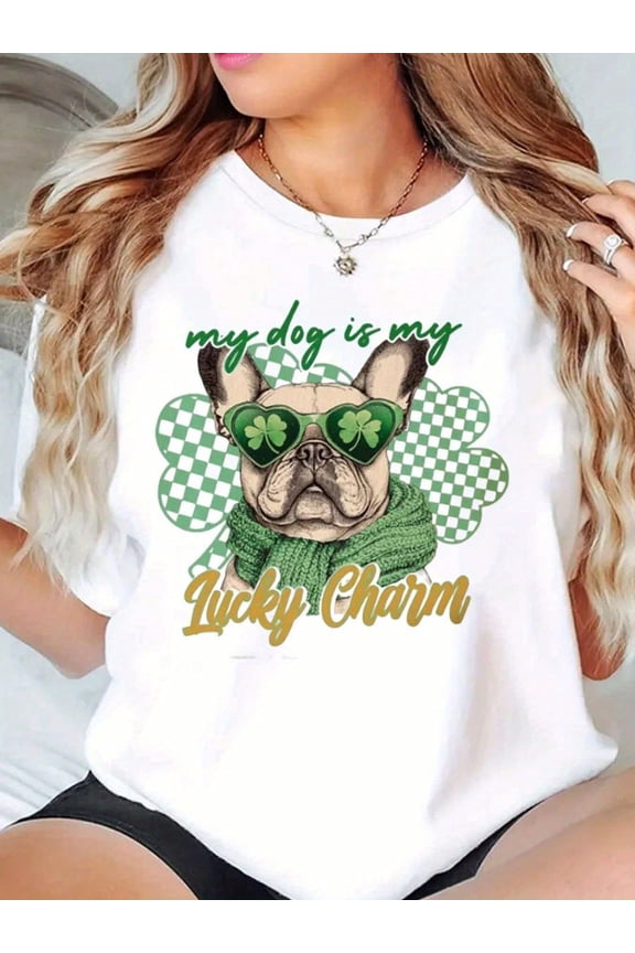 Cute French Bulldog St Patrick's Day Dog Mom Graphic Short Sleeve Tee Shirt