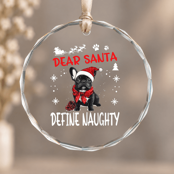 Cute French Frenchie Dog Dear Santa Define Ornament, Room Decoration, Circle Glass Ornament