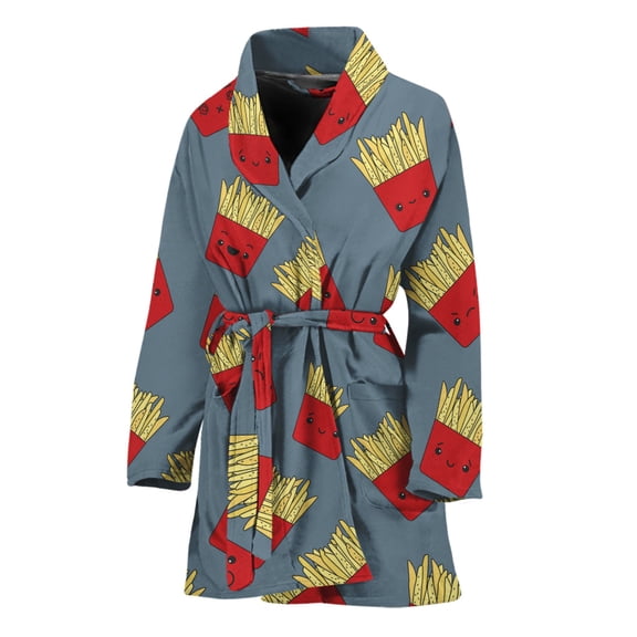 Cute French Fries Pattern Women Bathrobe One Size Univeral Fits Fashion Lightweight Plush Fleece Long Robe For Women