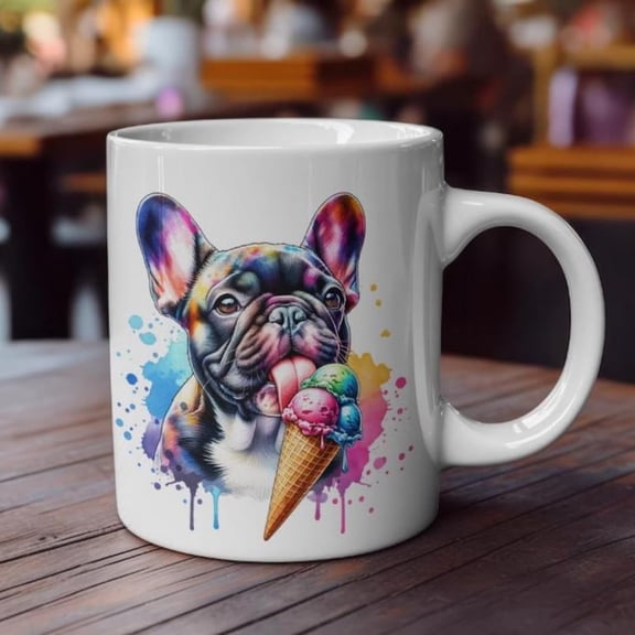 Cute Frenchie licking ice cream White 0ml Ceramic Mug with Colour Inside.jpg