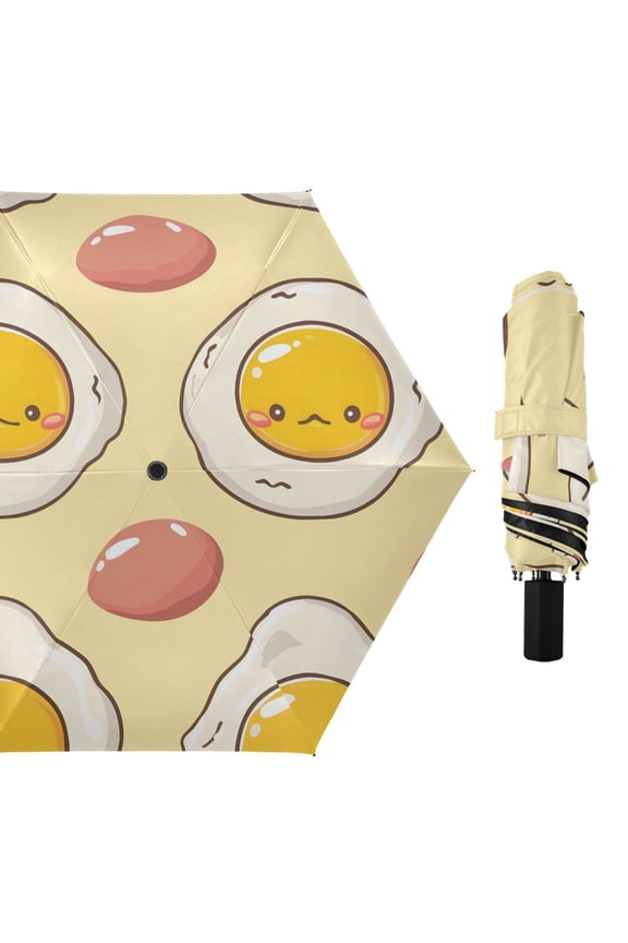 Cute Fried Egg Faces All Weather Umbrella Triple Folding Parasol 6 Ribs UV Protection Portable