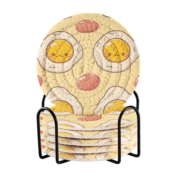 Cute Fried Egg Faces Drinking Coasters Cup Mat with Holder for Kitchen Cafe Bar 6 Packs
