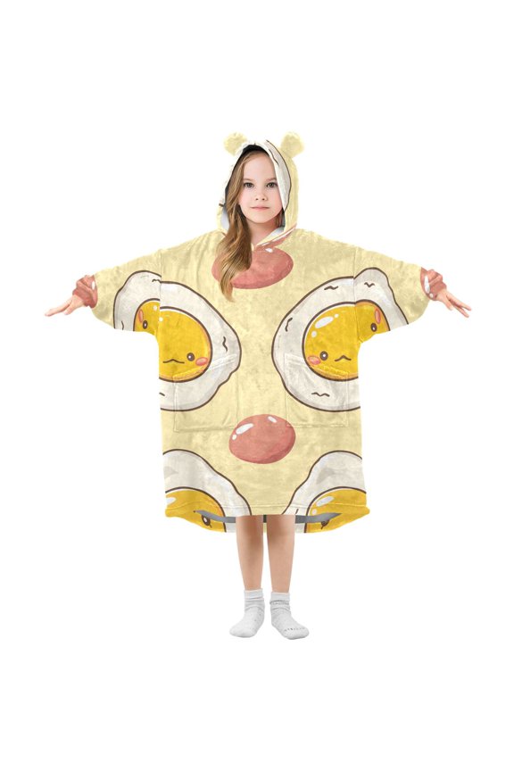 Cute Fried Egg Faces Flannel Wearable Blankets Hooded Design Long Sleeves Wrap Unisex for 3T-14Y M