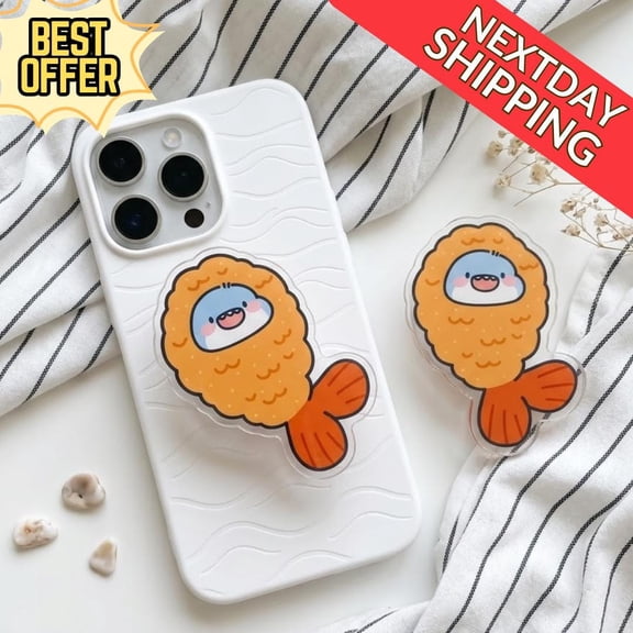 Cute Fried Shrimp Phone, Kawaii Shark Inside, Adorable Phone Grip, Animal Lover Phone Holder, E-Reader Accessory