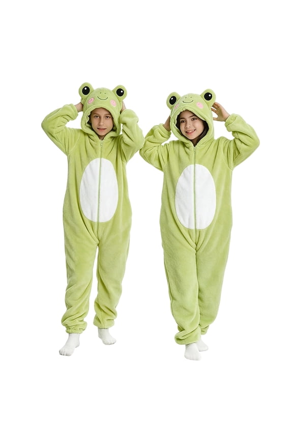 Cute Frog Animal Hooded Sleep Onesie for Children, Thick Soft Flannel Full Body Suit, Skin Friendly Fabric for Birthday Fancy Dress Night Party Green 130