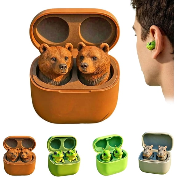 Cute Frog Animal Shaped Bluetooth Earbuds with Charging Case, Wireless in-Ear Headphones Deep Bass Lightweight Comfortable Fit for Kids Teens Fun Gift for Friend(Bear)(K)