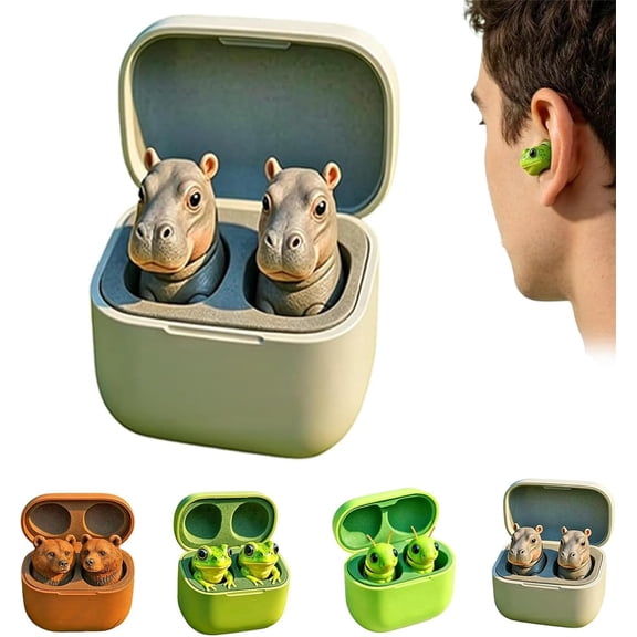 Cute Frog Animal Shaped Bluetooth Earbuds with Charging Case, Wireless in-Ear Headphones Deep Bass Lightweight Comfortable Fit for Kids Teens Fun Gift for Friend(Hippo)(K)