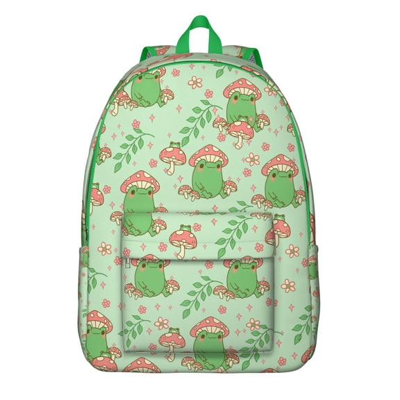Cute Frog Backpack – Cartoon Green Frog Print Pattern Bookbag with Nature Mushroom and Forest Design