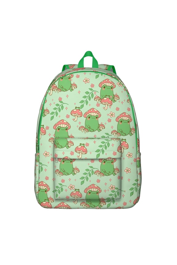 Cute Frog Backpack – Cartoon Green Frog Print Pattern Bookbag with Nature Mushroom and Forest Design