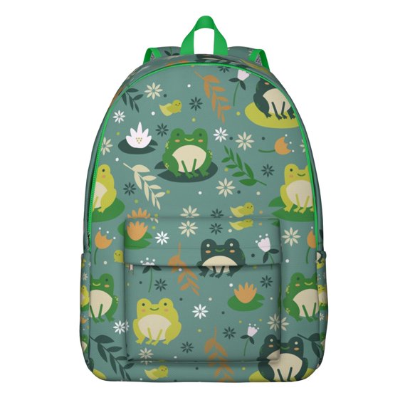 Cute Frog Backpack – Cartoon Green Frog Print Pattern Bookbag with Nature Mushroom and Forest Design