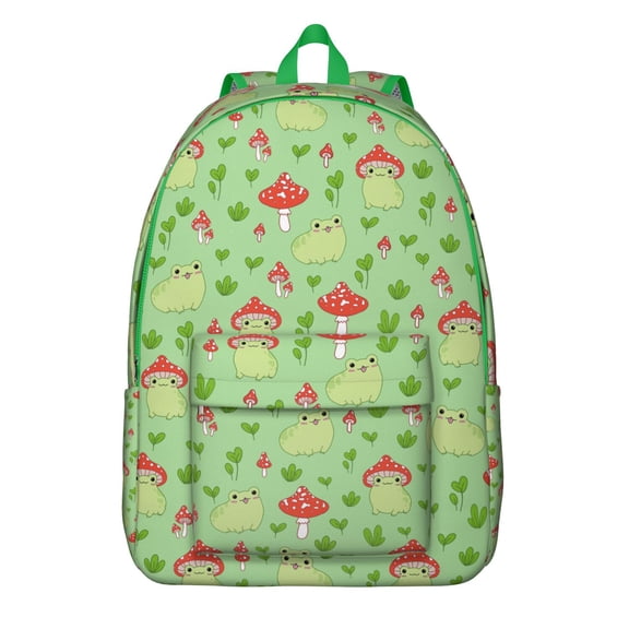 Cute Frog Backpack – Cartoon Green Frog Print Pattern Bookbag with Nature Mushroom and Forest Design