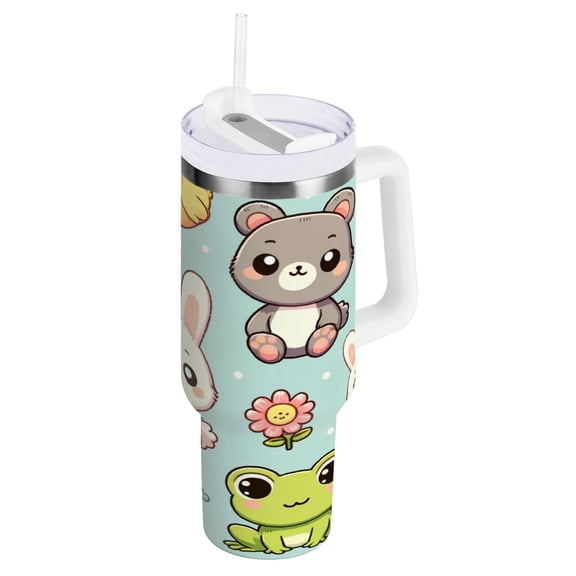 Cute Frog Bear Rabbit Tumbler with Handle and Straw Lid 40 oz Insulated Vacuum Water Bottle Stainless Steel Travel Cup