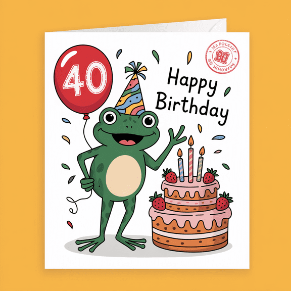 Cute Frog Birthday Card for 40th - Adorable Design with Cake & Balloon - Perfect for Celebrating Milestones