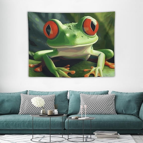Cute Frog Boho Wall Tapestry Fabric 30 x 40 Inches Vertical Hanging With 3 Hangers And 2 Clips Green Frog Design Home Decor