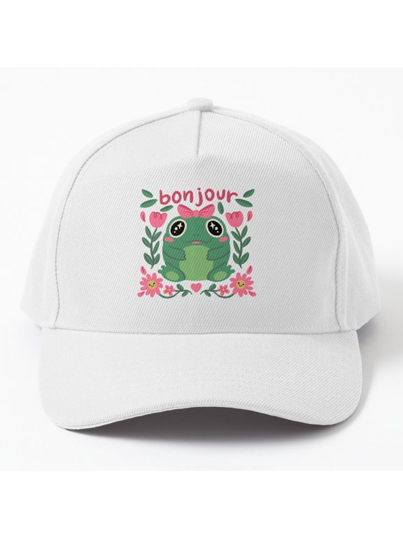 Cute Frog Bonjour Baseball Hat, French Greeting Amphibian Character Design, Classic Cap