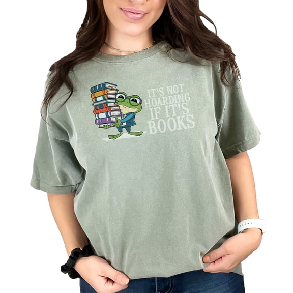 Cute Frog with Books T-shirt, Funny Bookworm Tee, Reading Lover Gift, Book Hoarding Shirt, Cute Animal Illustration Top for Readers, Moss Comfort Colors T-Shirt, Medium