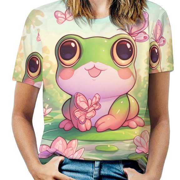 Cute Frog Butterflies Pond Women's Short Sleeve Tops Casual Blouses T Shirt