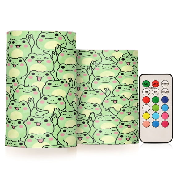 Cute Frog Cartoon Flameless LED Candle Set with Remote, Battery Operated Color Changing Pillar Candles, Set of 2